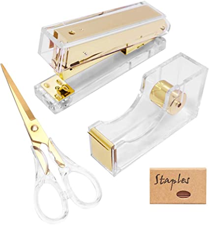 Photo 1 of 1-Inch Core Clear Acrylic Gold Tape Dispenser Stapler Scissors Set with Tape 24/6 Rose Gold Staples, Acrylic Scissors Stationery Desk Stapler Office Supplies (Gold)