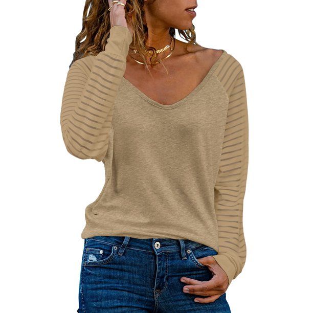 Photo 1 of [Size XL] Blibea Women's V Neck Long Sleeve Tee Shirt Solid Sheer Patchwork Sleeve [Khaki]