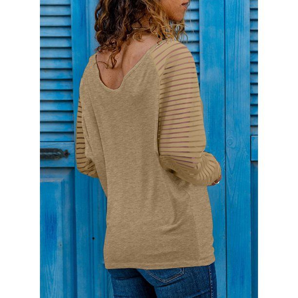 Photo 2 of [Size XL] Blibea Women's V Neck Long Sleeve Tee Shirt Solid Sheer Patchwork Sleeve [Khaki]