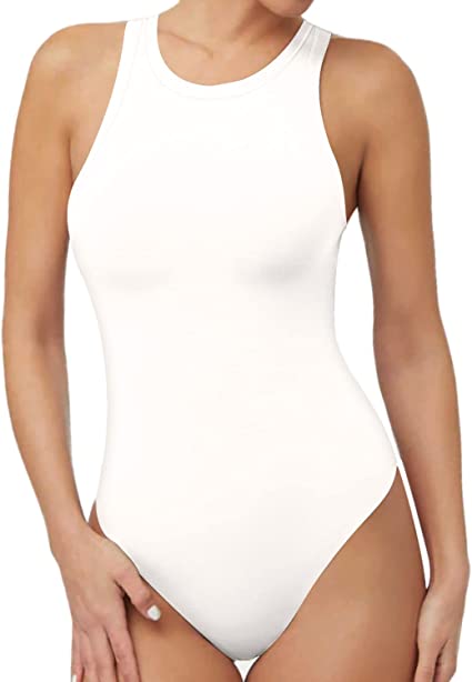 Photo 2 of [Size S] MANGOPOP Bodysuit for Women Scoop Neck Sleeveless Ribbed Racerback Tank Tops [White]