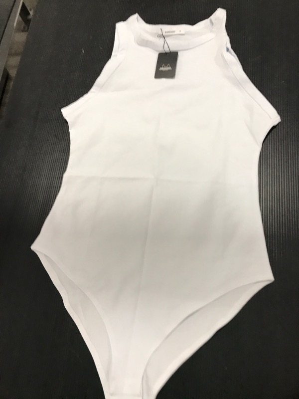 Photo 3 of [Size S] MANGOPOP Bodysuit for Women Scoop Neck Sleeveless Ribbed Racerback Tank Tops [White]