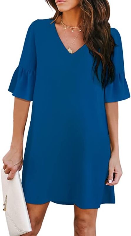 Photo 1 of [Size Unknown] BELONGSCI Women's Dress Sweet & Cute V-Neck Ruffle Bell Sleeve [Royal Blue]