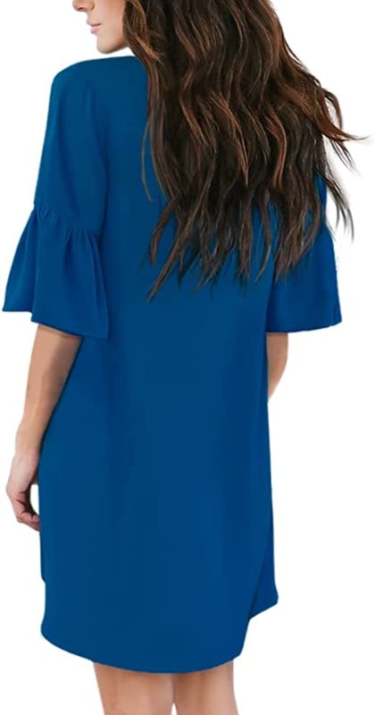 Photo 2 of [Size Unknown] BELONGSCI Women's Dress Sweet & Cute V-Neck Ruffle Bell Sleeve [Royal Blue]