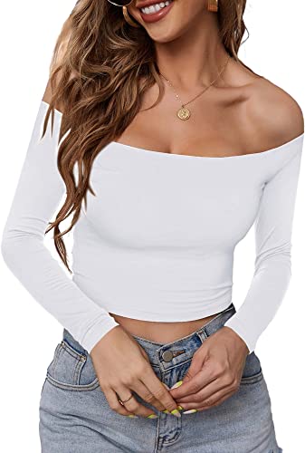 Photo 2 of [Size S] HUHOT Womens Basic Short Sleeve Off-Shoulder Short Cami Crop Tank Top [White]