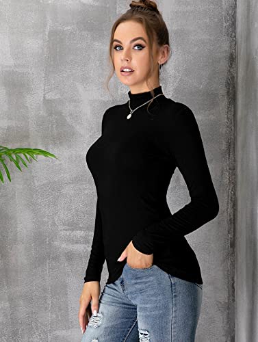 Photo 2 of [Size XXL] MANGDIUP Women's Mock Turtle Neck Long Sleeve Sleeveless Pullover Tops Slim Fit [Black]