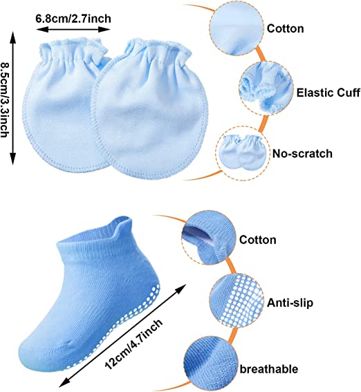 Photo 2 of [4 Sets] Newborn Baby Hat and Mittens Toddler Beanie Cap Non Slip Socks for 0-6 Months [Black, White, Gray, Blue]