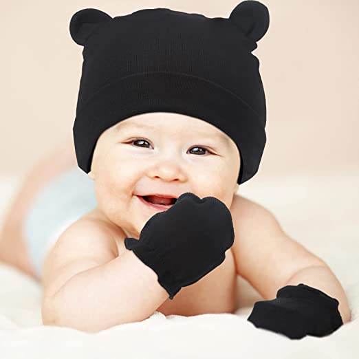 Photo 3 of [4 Sets] Newborn Baby Hat and Mittens Toddler Beanie Cap Non Slip Socks for 0-6 Months [Black, White, Gray, Blue]