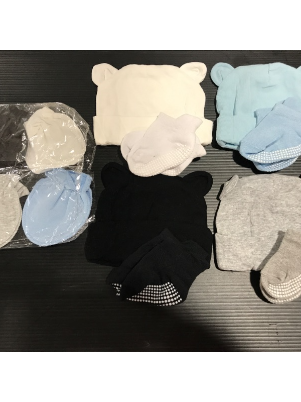 Photo 4 of [4 Sets] Newborn Baby Hat and Mittens Toddler Beanie Cap Non Slip Socks for 0-6 Months [Black, White, Gray, Blue]