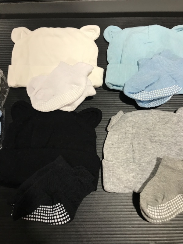 Photo 6 of [4 Sets] Newborn Baby Hat and Mittens Toddler Beanie Cap Non Slip Socks for 0-6 Months [Black, White, Gray, Blue]