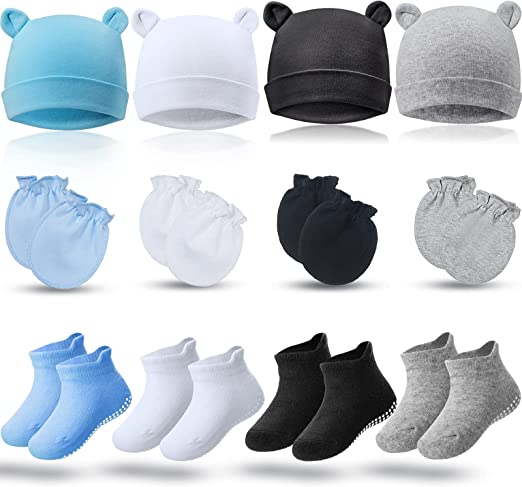 Photo 1 of [4 Sets] Newborn Baby Hat and Mittens Toddler Beanie Cap Non Slip Socks for 0-6 Months [Black, White, Gray, Blue]