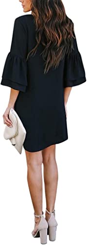 Photo 2 of [Size M] BELONGSCI Women's Dress Sweet & Cute V-Neck Bell Sleeve Shift Dress Mini Dress [Black]