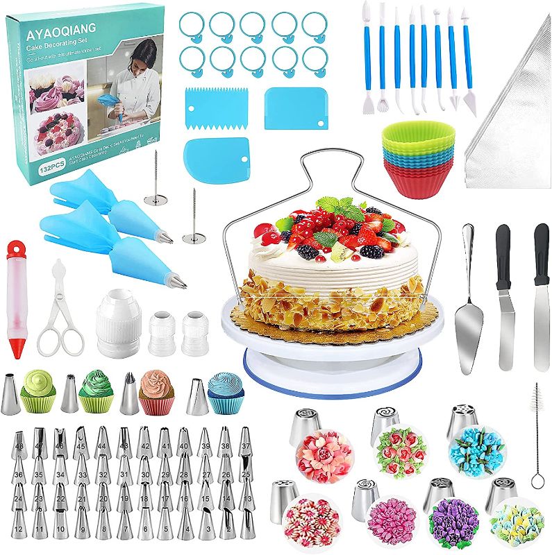 Photo 1 of Cake Decorating Kit,132Pcs Cake Decorating Tools with Cake Turntable Stand,Icing Piping Nozzles,Russian Tulip Tips,Baking Decorations Supplies Set
