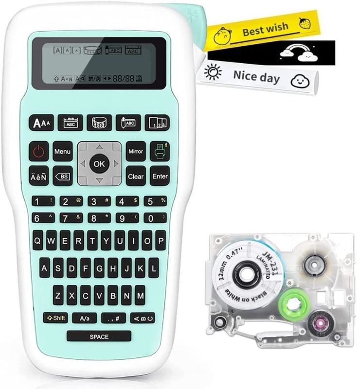 Photo 1 of MarkDomain E1000 Label Printer, Portable Handy Label Maker Machine with Tape, QWERTY Keyboard Labeler with Laminated JM-231 Label Tape, Multiple Symbols for Home Office School Organization, Green
