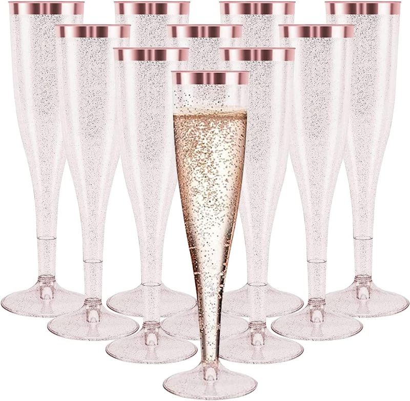 Photo 1 of 50 Pack Rose Gold Glitter Plastic Champagne Flutes, Disposable Wine Glasses 6.5 Oz Rose Gold Rim Champagne Flutes, Glitter Clear Plastic Champagne Cups for Wedding Party Mimosa Bar Shower
