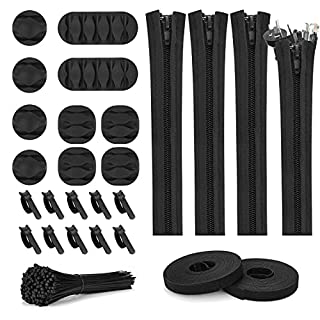 Photo 1 of 126pcs Cord Management Organizer Kit 4 Cable Sleeve with Zipper,10 Self Adhesive Cable Clip Holder,10pcs and 2 Roll Self Adhesive tie and 100 Fastening Cable Ties for TV Office Home etc (Black) (B08P5VH157)
