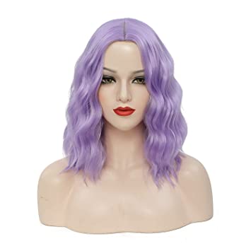 Photo 1 of Lavender Purple Wigs for Women Curly Wavy Bob Wig 14 inch Women's Shoulder Length Synthetic Curly Pastel Bob Wig for Girl Colorful Halloween Cosplay Wigs