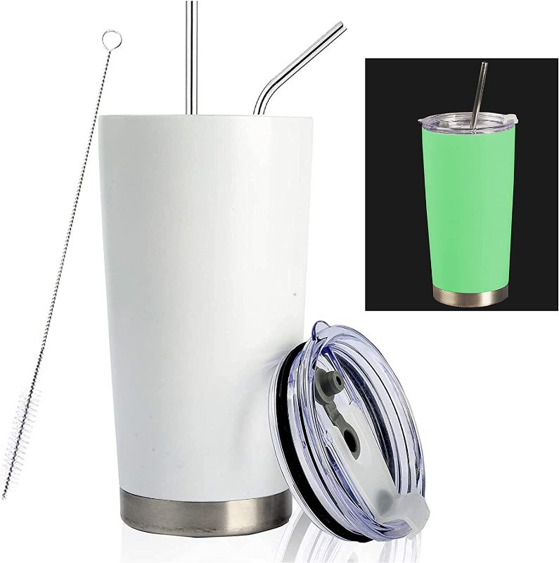 Photo 1 of 20oz White Tumbler Glow in the Dark Cups Stainless Steel Insulated Tumbler with Straw Lid Cleaning Brush for Cold Hot Beverage