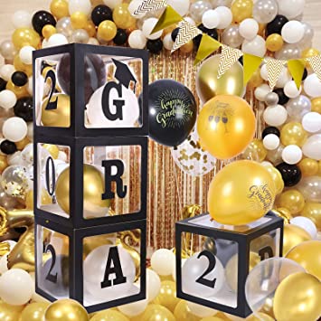 Photo 1 of 2022 Graduation Decorations Balloons Boxes Set 37PCS with "2022""GRAD",4 Black Balloons Boxes,24 Graduation Balloons and Golden Banner,Golden and Black Graduation Decorations,Graduation Party Supplies