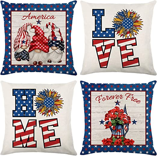 Photo 1 of 4th of July Decorations Pillow Covers 18x18 Set of 4 Independence Day Memorial Pillowcase American Flag Stars Throw Pillow Covers Freedom Patriotic Holiday Pillows Decor for Home Sofa Couch Bed Car
