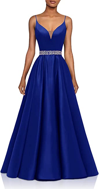 Photo 1 of Yexinbridal Glitter Spaghetti Straps Prom Dress Long Beaded Satin V-Neck Formal Evening Gowns, Size, 8 