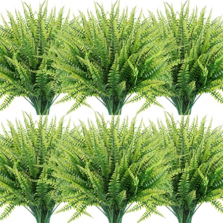 Photo 1 of 12 Bundles Artificial Plants, Fake Boston Fern Greenery Outdoor UV Resistant No Fade Faux Plastic Plants Garden Porch Window Box Decorating
