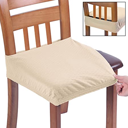 Photo 1 of BUYUE Fast Installation Dining Chair Covers, Luxury 15-19" Stretch Jacquard Seat Slipcovers for Kitchen Armless Chairs, Rear-gapped, Set of 2, Beige
