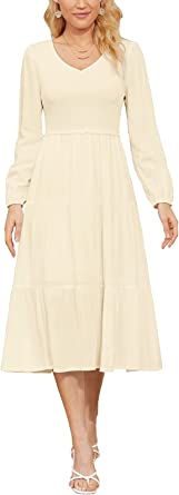 Photo 1 of Annebouti Women V Neck Long Sleeve Casual Solid Ruffle Tiered Smocked Midi Dress, Cream Size Small