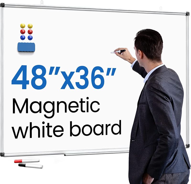 Photo 1 of Magnetic Dry Erase White Board for Wall - 48 x 36 inch Wall Mounted Magnetic Whiteboard Large - Ideal for Home to Do List, Office and School Projects - Kids Dry Erase Board with Magnetic Eraser & Pen
