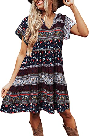 Photo 1 of Celmia Women's Short Sleeve V Neck Dress Floral Mini Swing Beach Dress with Tassels
