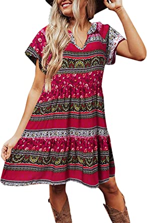 Photo 1 of Celmia Women's Short Sleeve V Neck Dress Floral Mini Swing Beach Dress with Tassels
