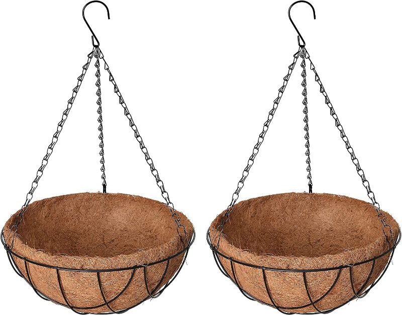 Photo 1 of 2 Pcs 12-Inch Metal Hanging Basket Planter with an 15.7-Inch Chain for Plants Outdoor with Coco Coir Liner Round Wire Flower Pots Metal Plant Holder Chain Porch Decor Hanger Garden (Earth Shape)
