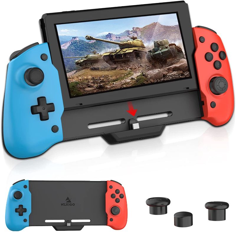 Photo 1 of NexiGo Switch Controller for Handheld Mode, Ergonomic Controller for Nintendo Switch with 6-Axis Gyro, Dual Motor Vibration, Compatible with All Games of Switch (Blue & Red) Not for OLED
