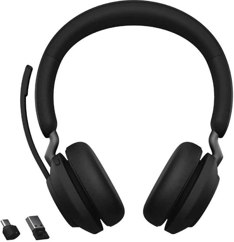 Photo 1 of Jabra Evolve2 65 UC Wireless Headphones with Link380a, Stereo, Black – Wireless Bluetooth Headset for Calls and Music, 37 Hours of Battery Life, Passive Noise Cancelling Headphones
