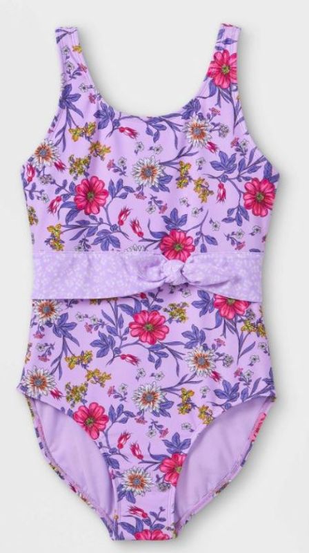 Photo 1 of Girls' Retro Floral Print Tie-Waist One Piece Swimsuit - art class™ Lavender

