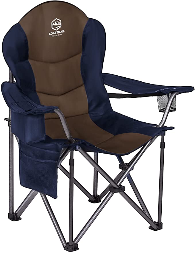 Photo 1 of Coastrail Outdoor Padded Camping Chair with Lumbar Back Support, Oversized Heavy Duty Lawn Chair Folding Quad Arm Chair with Cooler Bag, Cup Holder & Side Pocket, Supports 400lbs
