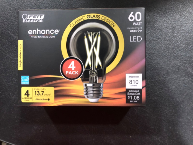 Photo 1 of Feit Electric A19 Filament LED 60W Equivalent Non-Dimmable Clear Medium Base 800Lm 2700K Bulb 4-Pack (A1960/927CA/FIL/4)
