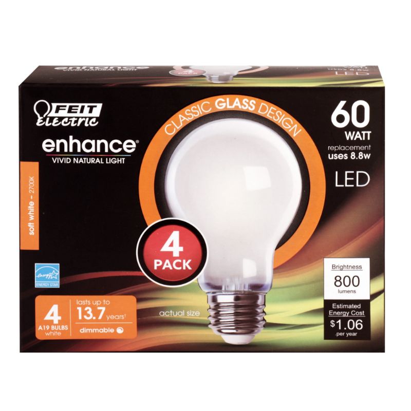 Photo 1 of Feit Electric A19 Filament LED 60W Equivalent Non-Dimmable Clear Medium Base 800Lm 2700K Bulb 4-Pack (A1960/927CA/FIL/4)
