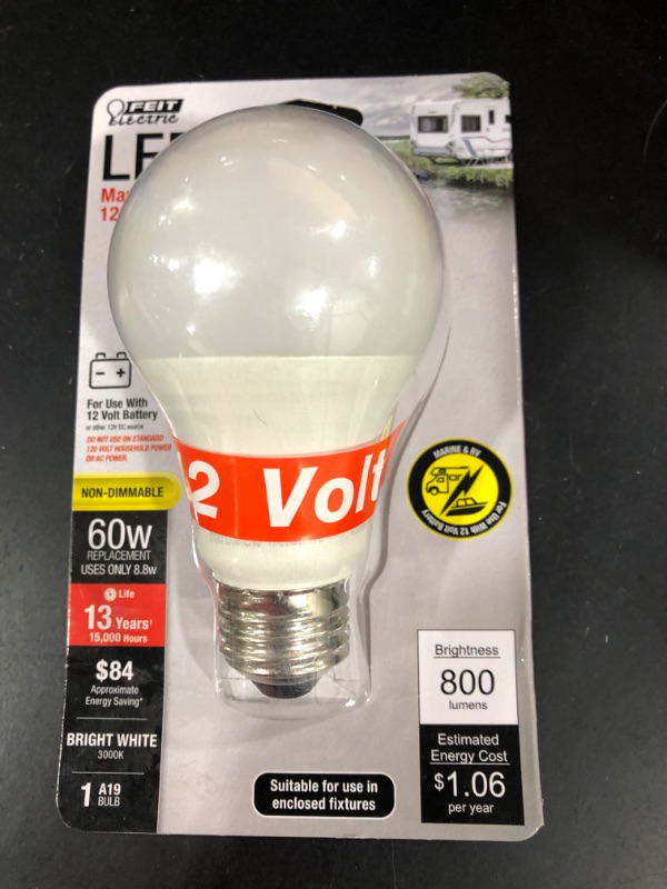 Photo 1 of Customer Reviews for Feit Electric 60-Watt Equivalent Warm White (3000K) A19 LED 12-Volt RV/Marine Light Bulb
