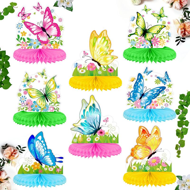 Photo 1 of 8 Pieces Butterfly Centerpiece Table Decorations Butterfly Party Decorations Supplies Butterfly Honeycomb Centerpieces for Butterfly Themed Baby Shower Birthday Party
