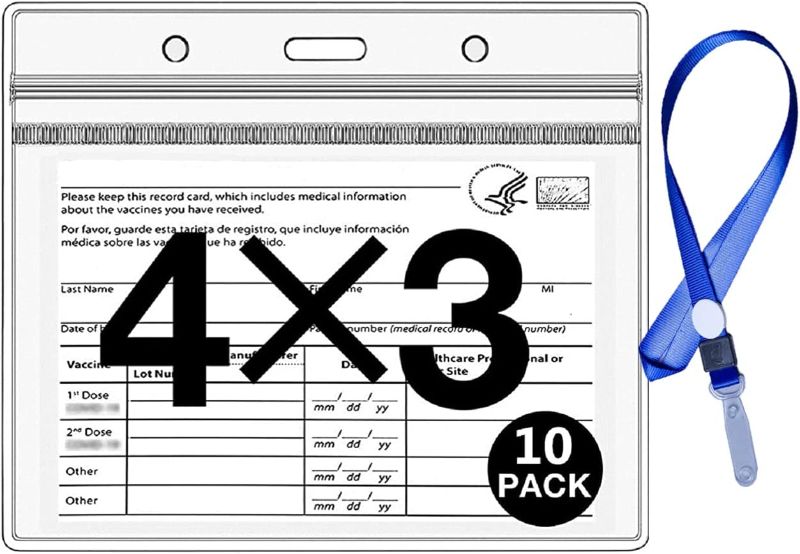 Photo 1 of SYSCN 10 Pack Vaccine Card Protector and 10 Pack Blue lanyards 4 X 3 Record Cards Holder Clear Vinyl Plastic Sleeve with Waterproof Type Resealable Zip
