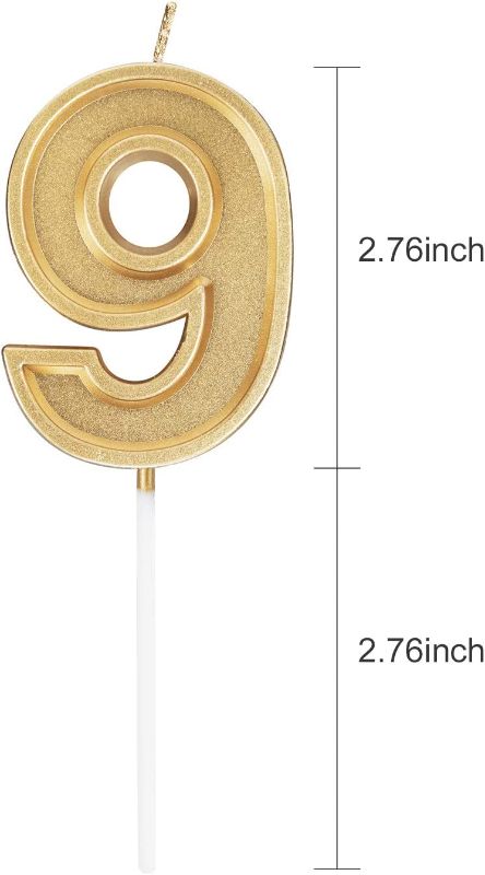 Photo 1 of 2.76 Inch Gold Glitter Happy Birthday Cake Candle Number Candle Birthday Candle Cake Topper Decoration for Party Kids Adults (Gold, 9)
