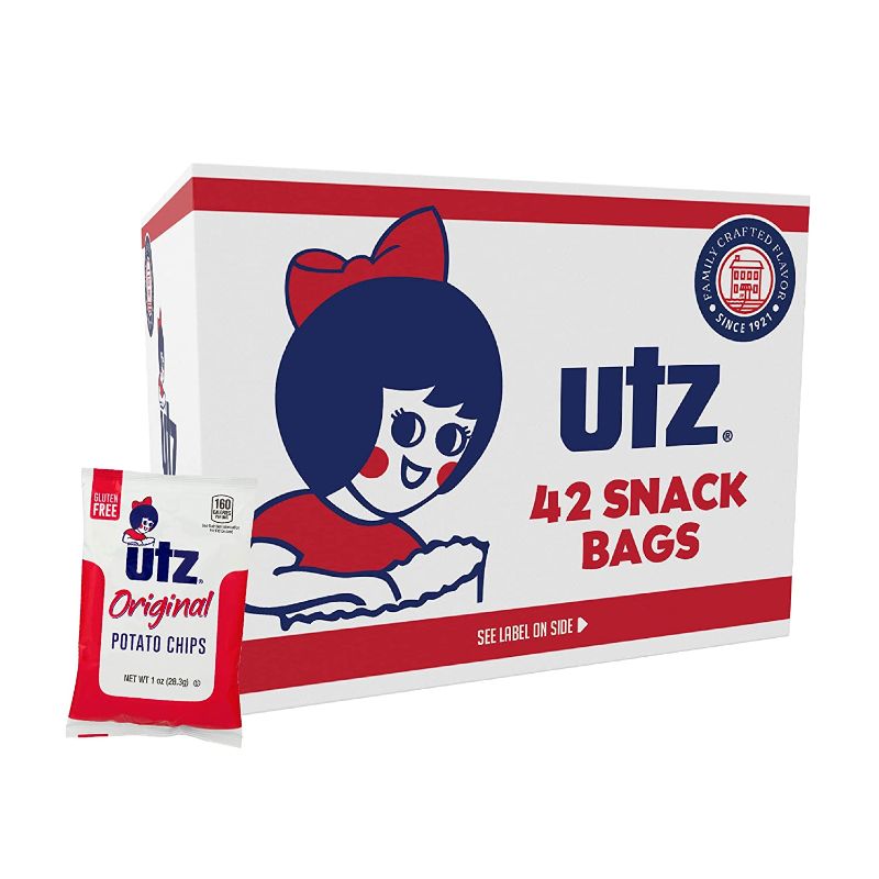 Photo 1 of 42 Count Utz Original 1 Oz Bags, Crispy Potato Chips Made from Fresh Potatoes, Crunchy Individual Snacks to Go, Cholesterol Free, Trans-Fat Free, Gluten Free Snacks BB 06 13 2022
