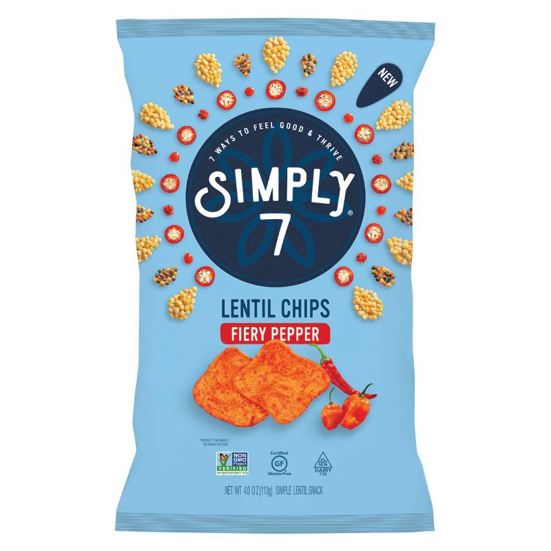 Photo 1 of 12pk Simply 7 Lentil Chips Fiery Pepper - Vegan Snacks - Non-GMO, Kosher, Nut Free, Vegetarian, Gluten Free, Good Source of Fiber, Plant-Based, Cholesterol Free Low Fat, Low Calorie - 4 OZ BB MAY 27 2022