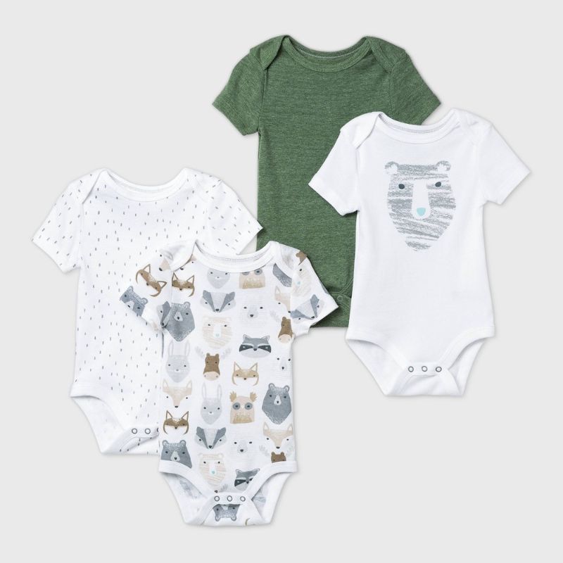 Photo 1 of SIZE 0-3M 4pk Baby Boys' Little Cub Short Sleeve Bodysuit - Cloud Island™ Olive Green/White
