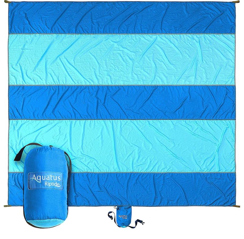 Photo 1 of Aquatus Beach Blanket Sandproof Extra Large Oversized 10ft by 9ft for 2-8 Adults, Best Beach Mat Accessories for Vacation, Camping, Picnics, and Events Attached Bag with 4 Stakes and 4 Corner Pockets
