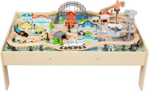 Photo 1 of Amazon Basics Wooden Train Set and Interactive Play Table for Kids, 47 x 33 x 20 Inches - 120-Piece Set
