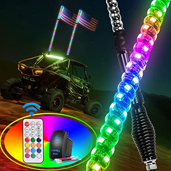 Photo 1 of 2PCS 4FT Spiral RGB LED Whip Light with Spring Base Chasing Light RF Remote Control Lighted Antenna Whips for Can Am ATV UTV RZR Polaris Dune Buggy Of
