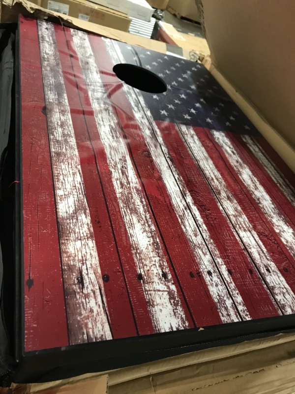 Photo 1 of GoSports American Flag Cornhole Set with Wood Plank Design - Includes Two 3' x 2' Boards, 8 Bean Bags, Carrying Case and Game Rules
