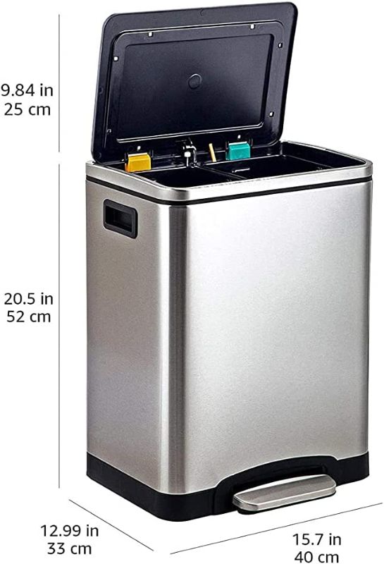 Photo 2 of Amazon Basics 30L Dual Bin Soft-Close Trash can with Foot Pedal - 2 x 15 Liter Bins, Stainless Steel
