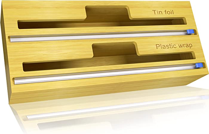 Photo 1 of ATIDIE 2 in 1 Bamboo Foil and Plastic Wrap Dispenser with Slide Cutter, Aluminum Foil/Wax Paper Dispenser for Kitchen Drawer and Storage, Compatible with 12" Roll